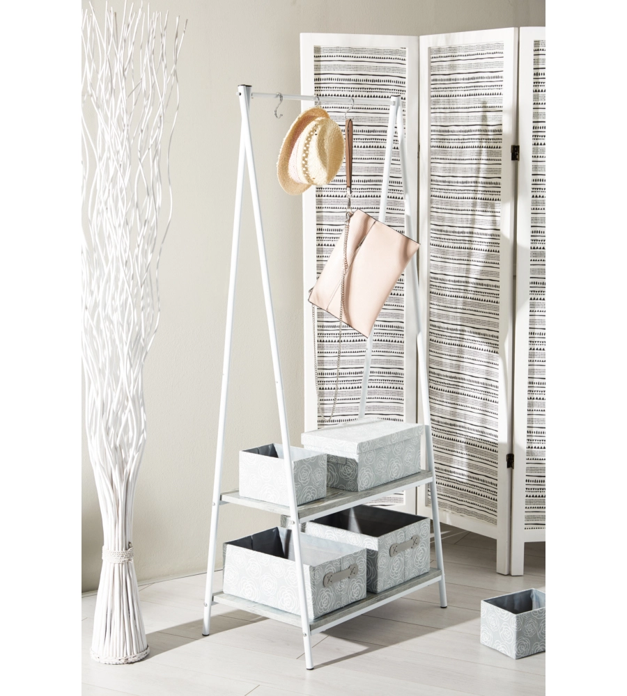 MOBILE DA INGRESSO CON DUE RIPIANI IN METALLO EFFETTO CEMENTO E BIANCO 60X40X150 CM