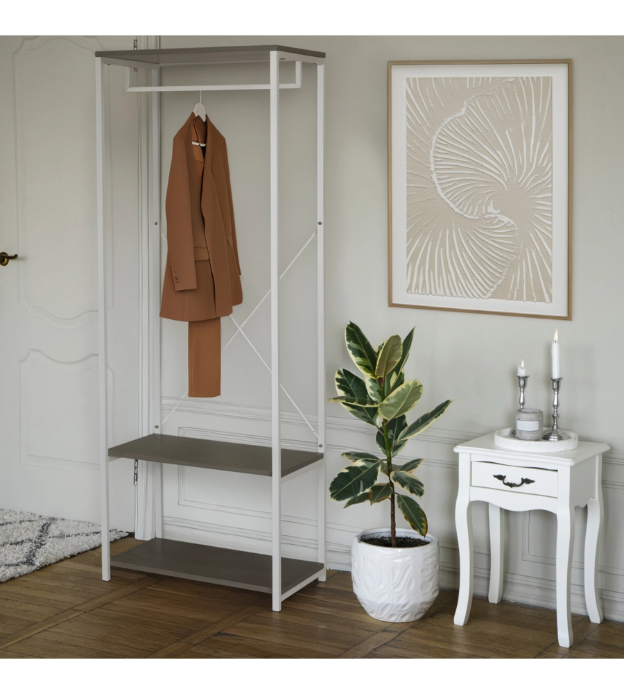 MOBILE DA INGRESSO CON TRE RIPIANI IN METALLO EFFETTO CEMENTO E BIANCO 60X40,4X167 CM