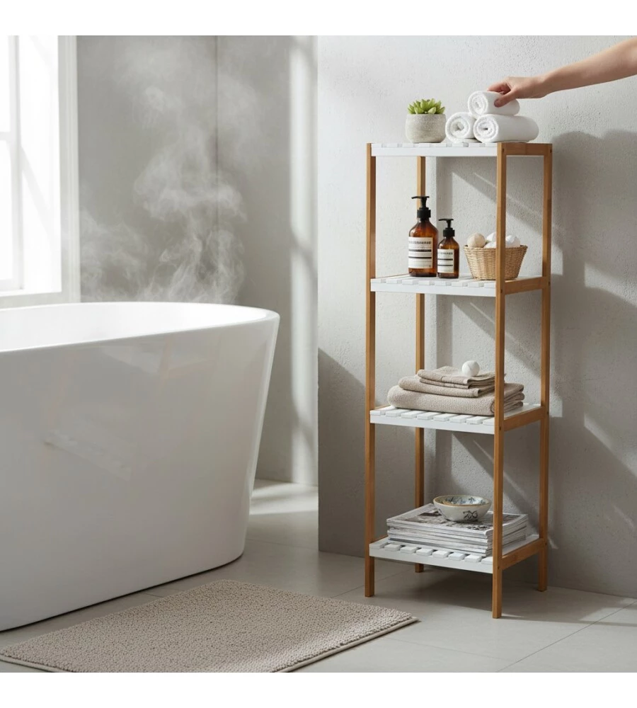 SCAFFALE MULTIUSO 4 RIPIANI IN BAMBOO BIANCO E LEGNO, 34X33X110 CM