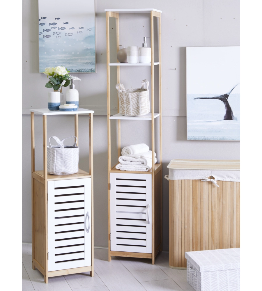 MOBILE MULTIUSO CON ANTA BIANCO E LEGNO IN BAMBOO, 30X30X96 CM