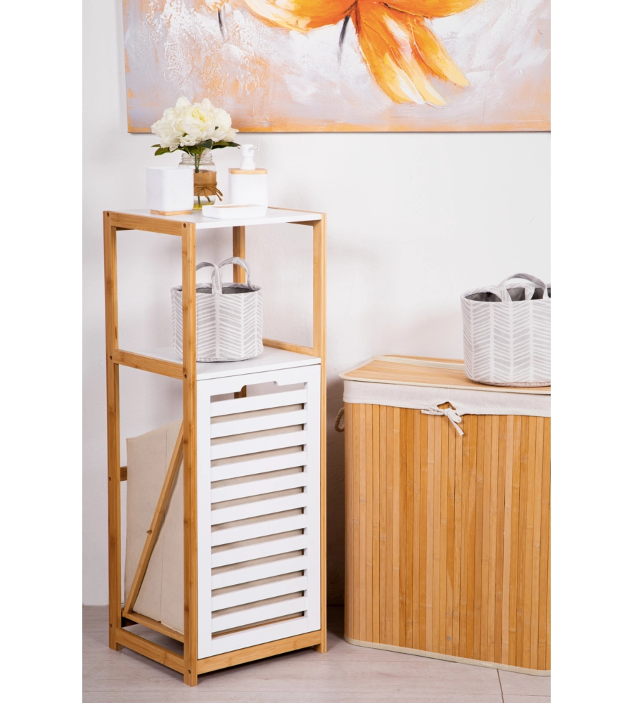 MOBILE BAGNO CON CESTO PORTA BIANCHERIA BIANCO E LEGNO, 36X33X98 CM