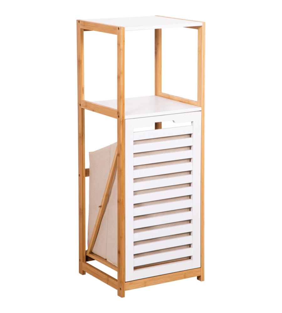MOBILE BAGNO CON CESTO PORTA BIANCHERIA BIANCO E LEGNO, 36X33X98 CM