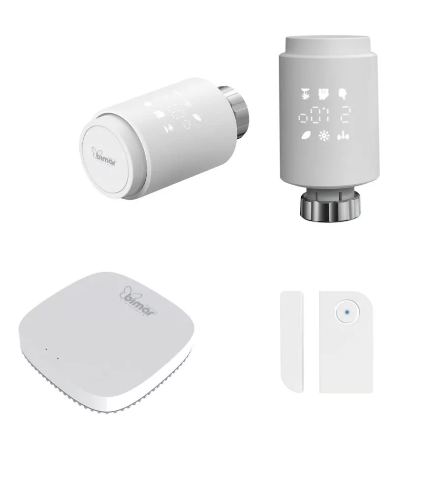 KIT 2 VALVOLE TERMOSTATICHE CON GATEWAY E SENSORE DI PORTA E FINESTRA BIMAR