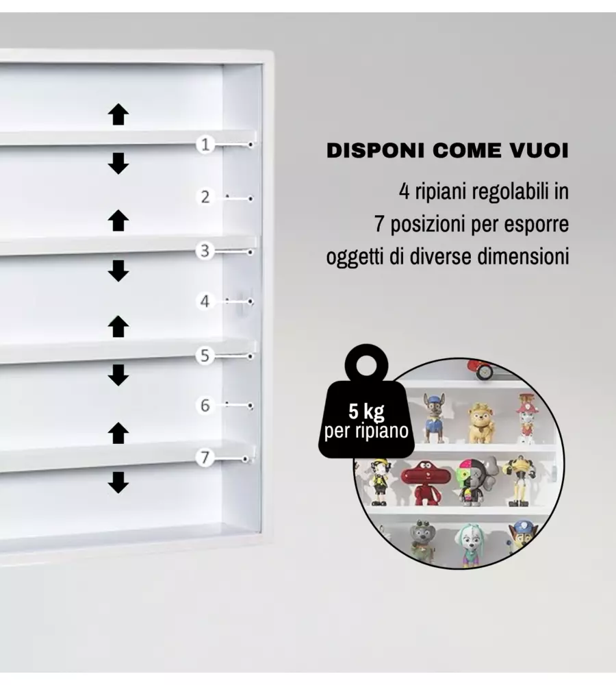 VETRINETTA ESPOSITORE PER COLLEZIONISMO BELLAHOME BIANCO CON ANTE IN VETRO TEMPERATO 80X11X60 CM