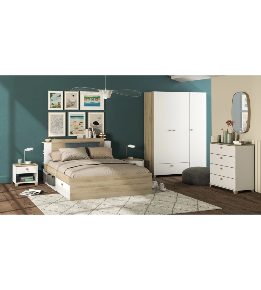 COMODINO "IZZY" CON 4 CASSETTI BIANCO OPACO E QUERCIA 79,7X41,9X85,1 CM