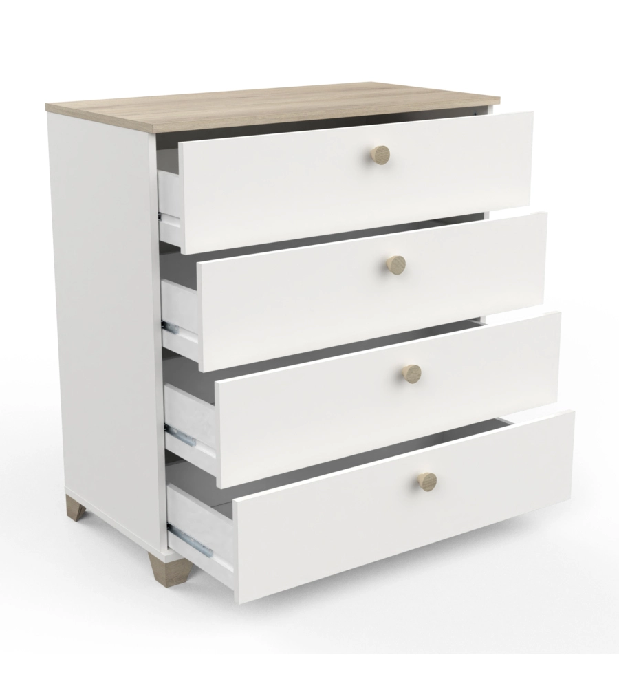 COMODINO "IZZY" CON 4 CASSETTI BIANCO OPACO E QUERCIA 79,7X41,9X85,1 CM