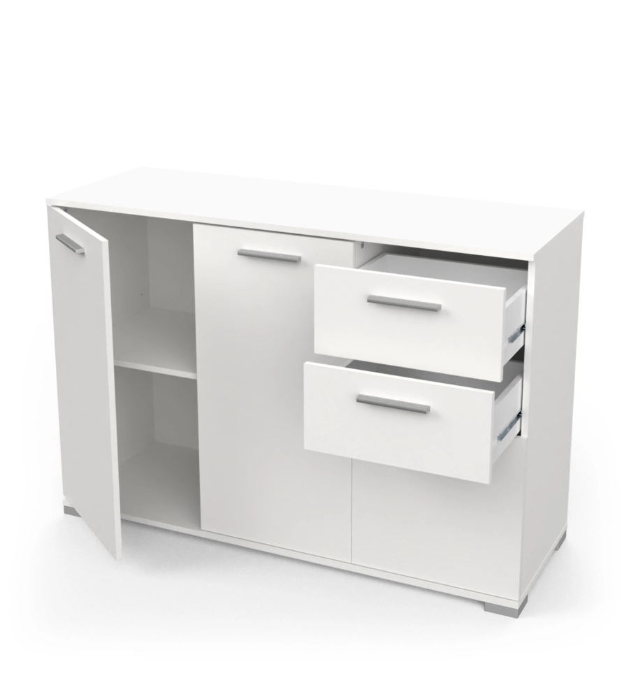 MOBILE MULTIUSO "IZZY" IN TRUCIOLARE 3 ANTE E 2 CASSETTI BIANCO OPACO, 119,6X41,9X82,4 CM