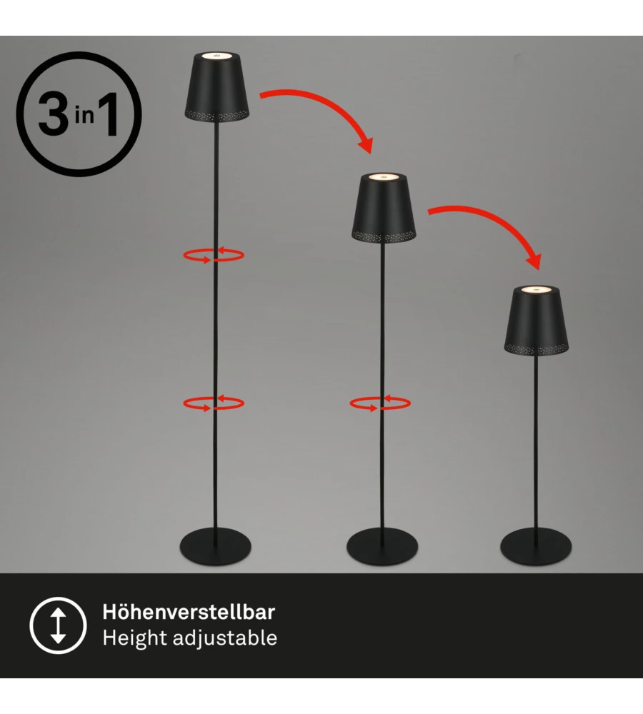 LAMPADA DA TERRA LED RICARICABILE E REGOLABILE IN ALTEZZA NERO, 400LM
