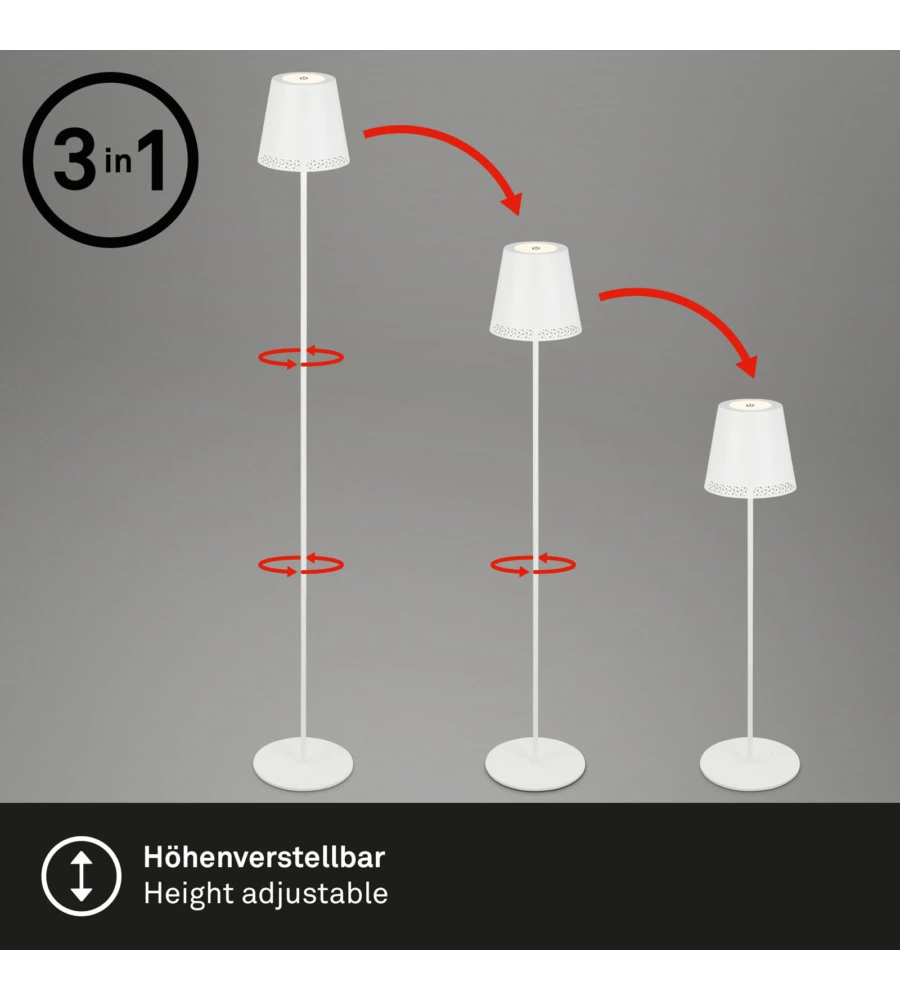 LAMPADA DA TERRA LED RICARICABILE E REGOLABILE IN ALTEZZA BIANCA, 400 LUMEN
