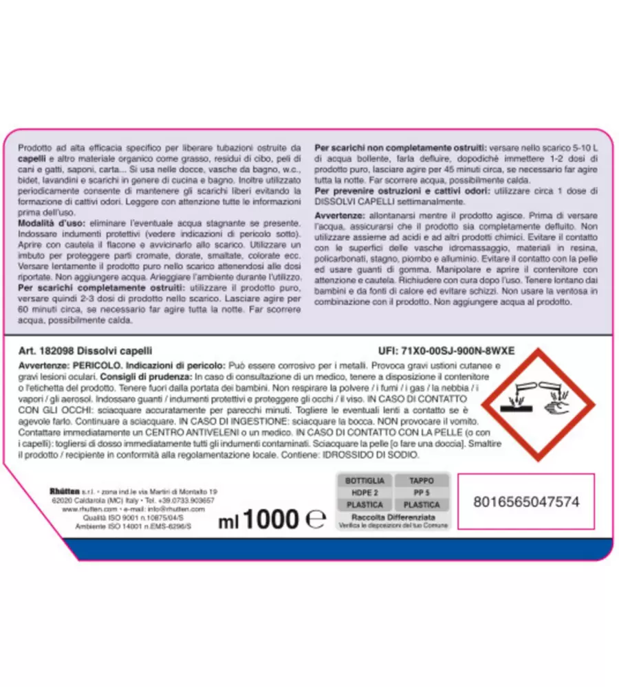 DISGORGANTE LIQUIDO RHUTTEN DISSOLVI CAPELLI, 1 LITRO