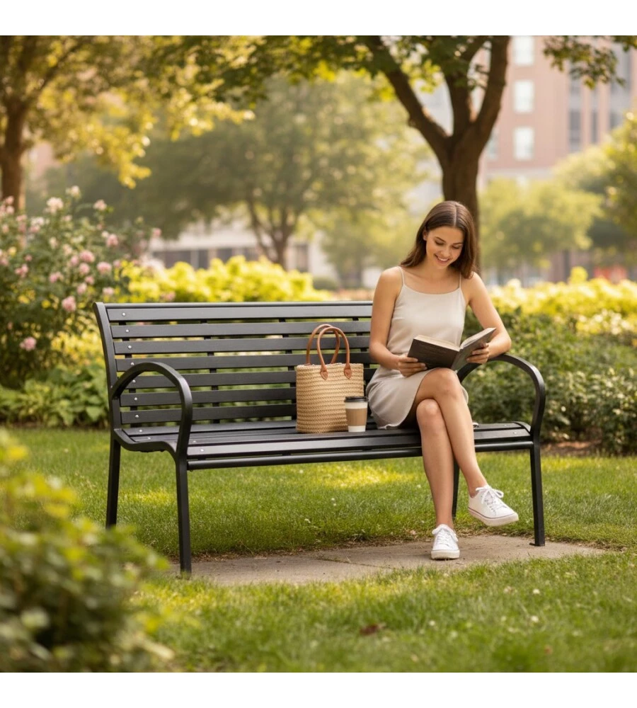 PANCHINA DA ESTERNO CON BRACCIOLI EUROGARDEN IN METALLO EFFETTO LEGNO ANTRACITE 125X60X80 CM