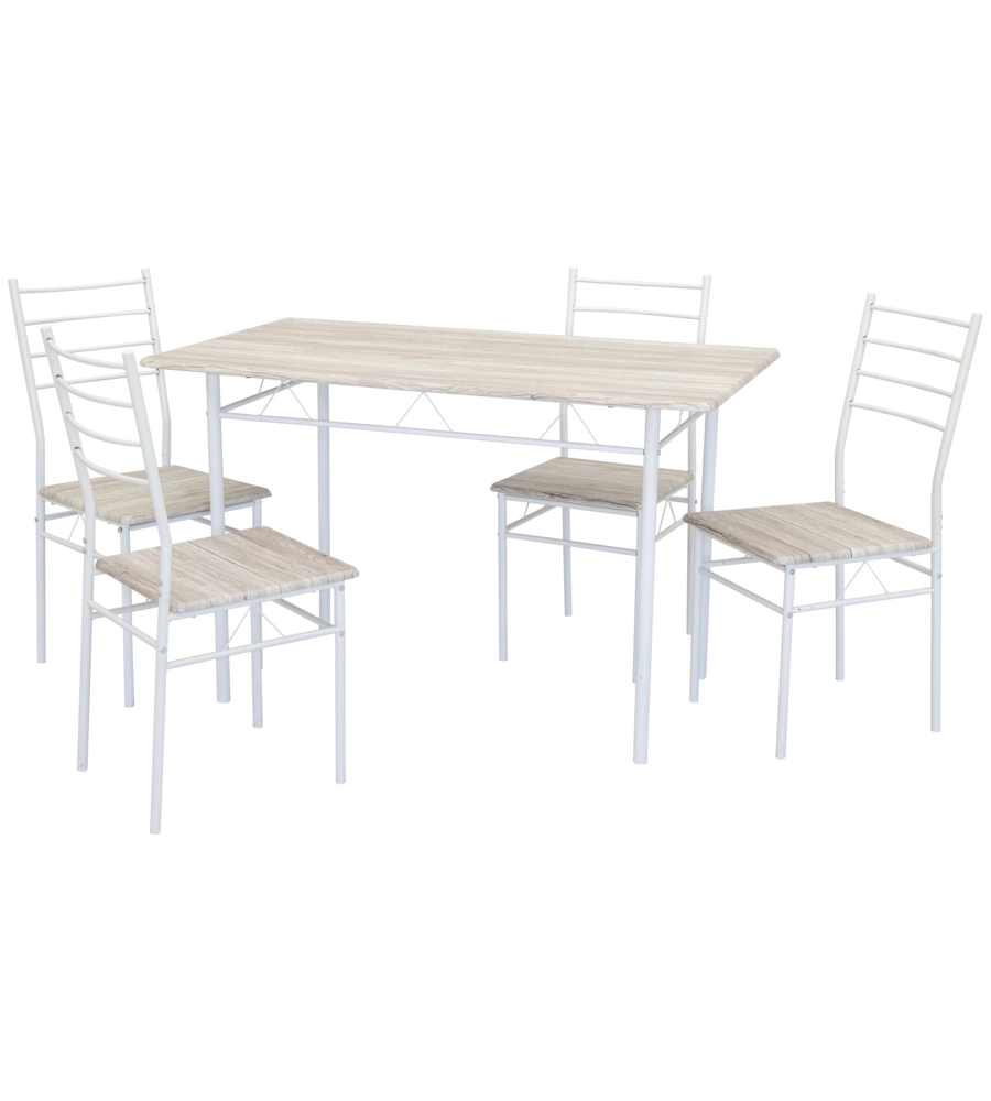 SET TAVOLO E 4 SEDIE IN METALLO BIANCO E TOP LEGNO, 120X70X75 CM