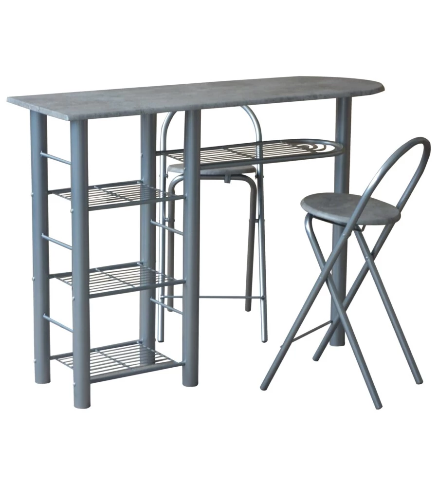 BANCO CUCINA CON DUE SGABELLI IN METALLO GRIGIO E LEGNO, 120X40X88 CM