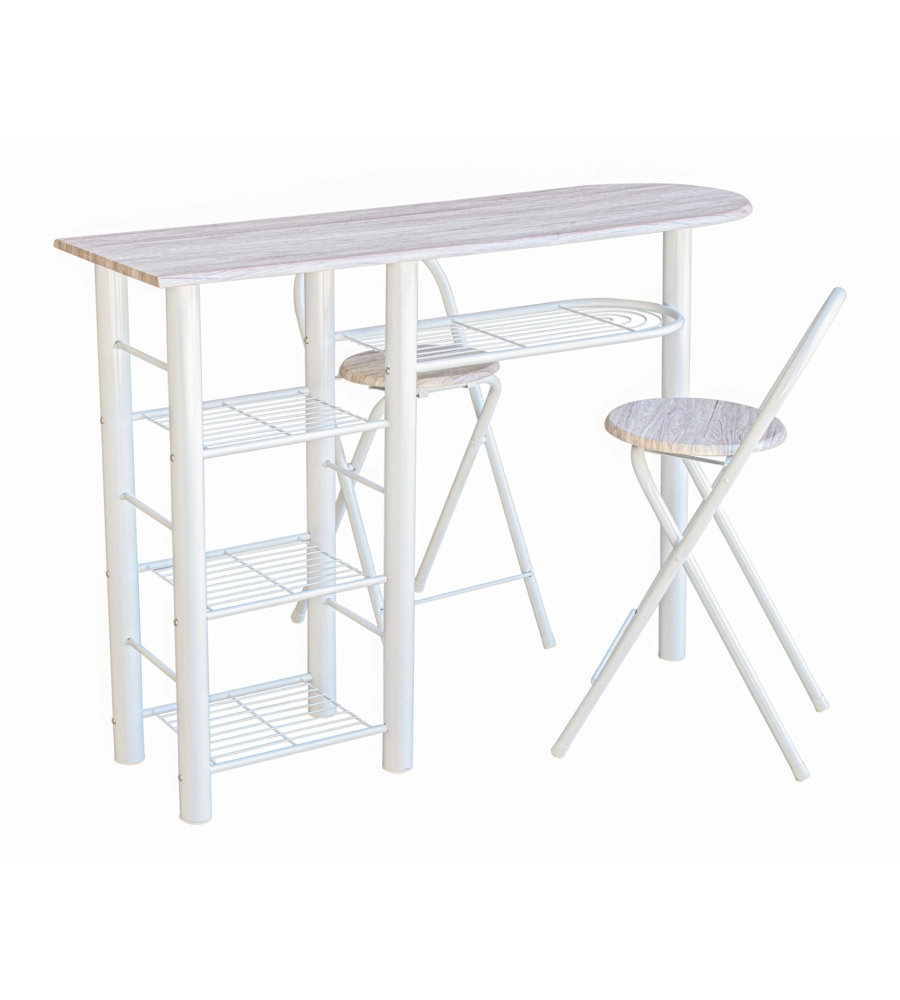 BANCO CUCINA CON DUE SGABELLI IN METALLO BIANCO E LEGNO, 120X40X88 CM