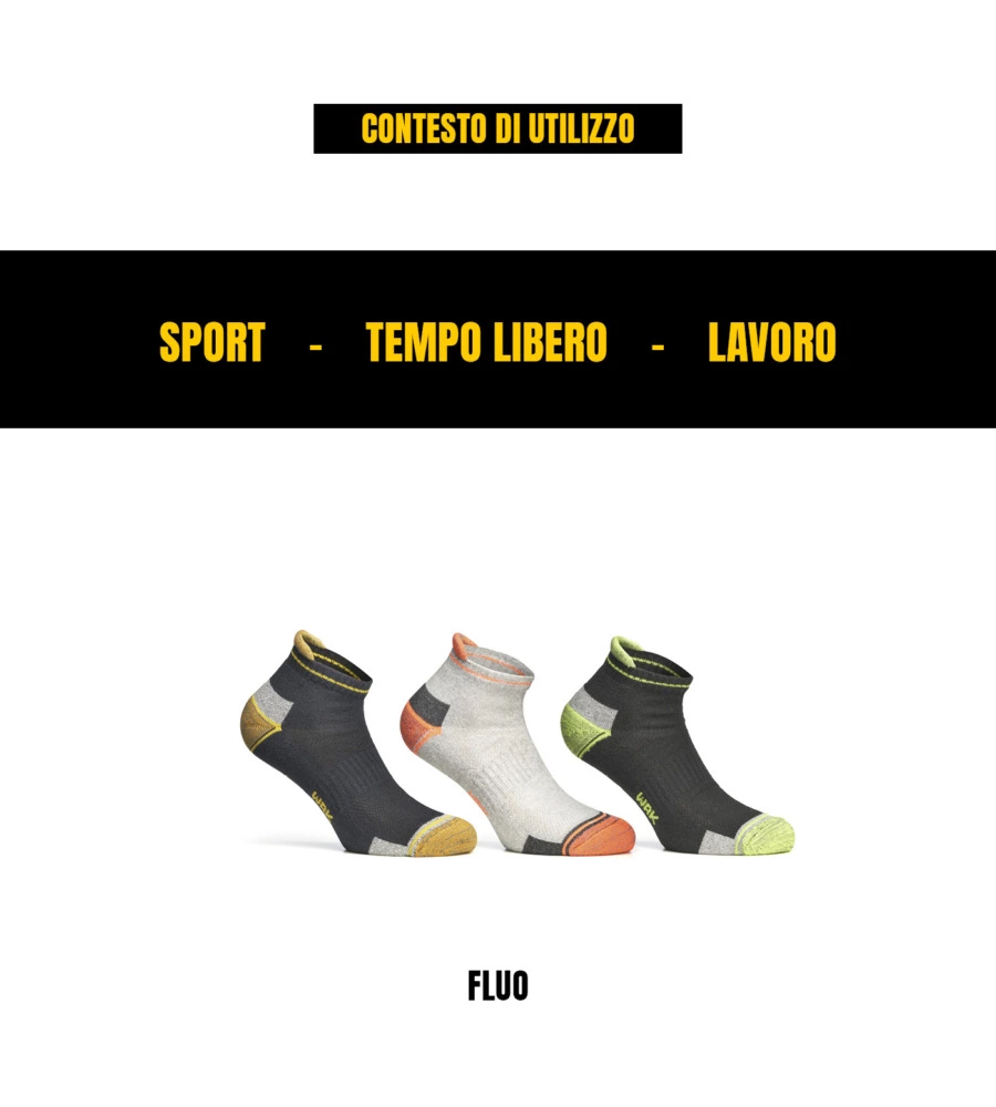 6 PAIA CALZA CORTISSIMA DA LAVORO ANTI-INFORTUNISTICA "WRK04" COLORE FLUO, TG 43/46 - WRK