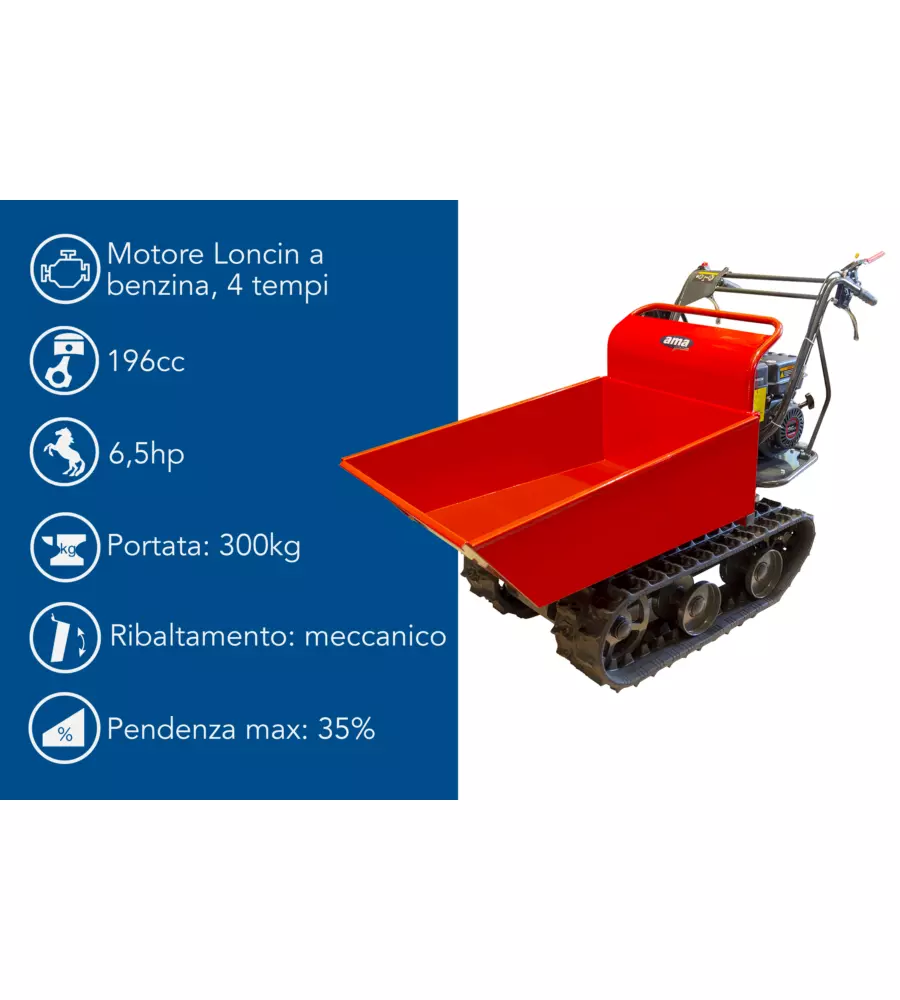 MOTOCARRIOLA CINGOLATA AMA "DUMPER TAG300TD" 4T 196 CC PORTATA 300 KG