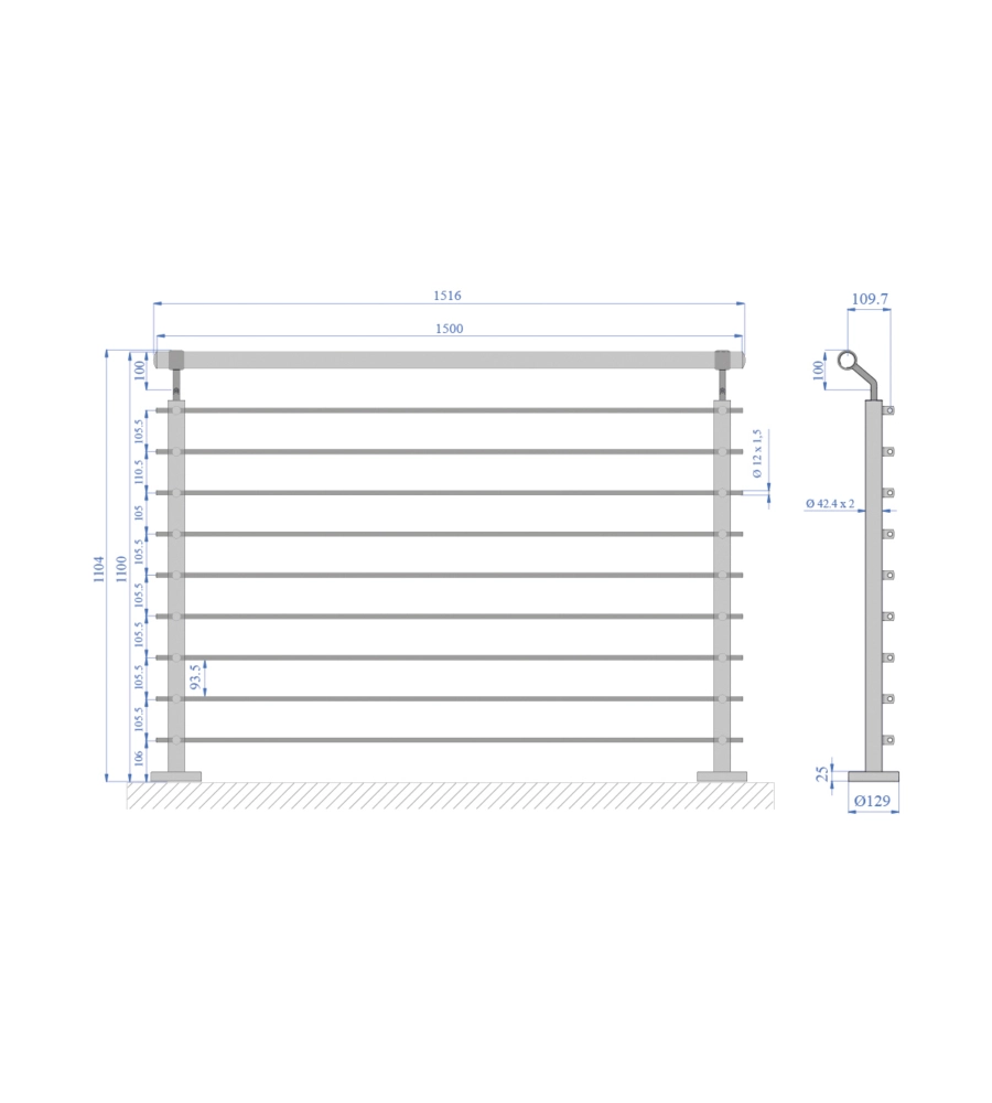 PARAPETTO MODULARE CERTIFICATO IN ACCIAIO INOX AISI 304 CON FISSAGGIO A PAVIMENTO, 150 CM - KIT COMPLETO A1