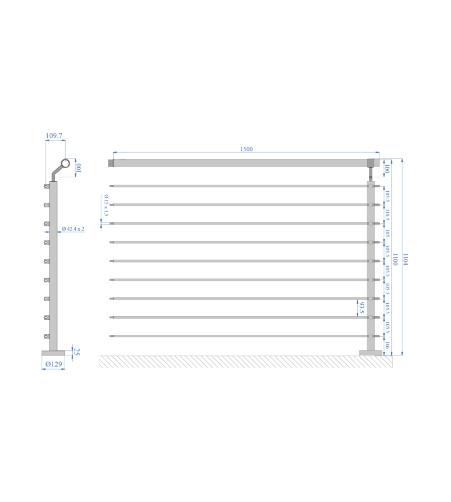 PARAPETTO MODULARE CERTIFICATO IN ACCIAIO INOX AISI 304 CON FISSAGGIO A PAVIMENTO, 150 CM - KIT INTERMEDIO A2.
