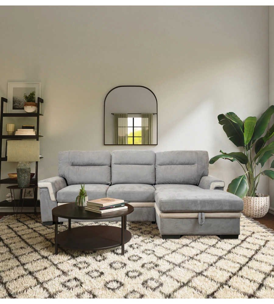 DIVANO LETTO ANGOLARE "ERIKA" IN TESSUTO GRIGIO CON PENISOLA A DESTRA, 254X92/165X102 CM