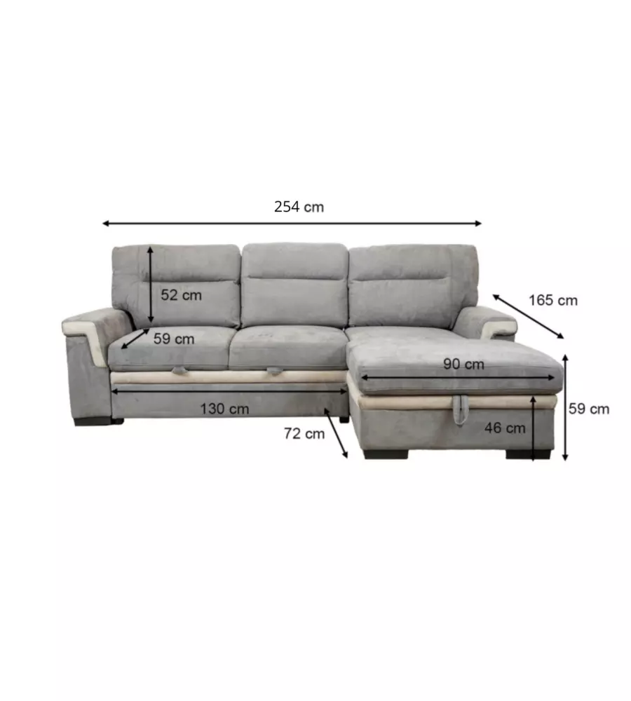 DIVANO LETTO ANGOLARE "ERIKA" IN TESSUTO GRIGIO CON PENISOLA A DESTRA, 254X92/165X102 CM