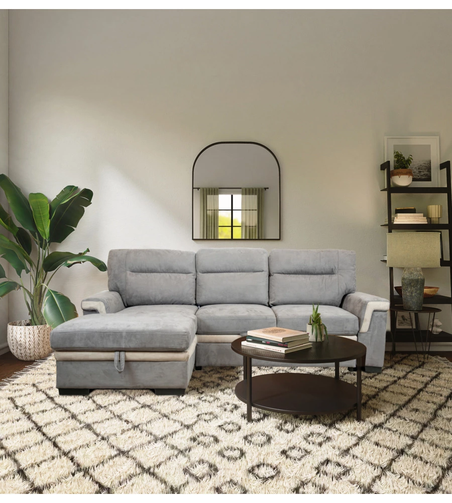 DIVANO LETTO ANGOLARE "ERIKA" IN TESSUTO GRIGIO CON PENISOLA A SINISTRA, 254X92/165X102 CM