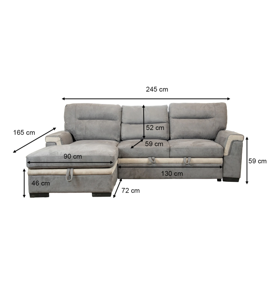 DIVANO LETTO ANGOLARE "ERIKA" IN TESSUTO GRIGIO CON PENISOLA A SINISTRA, 254X92/165X102 CM