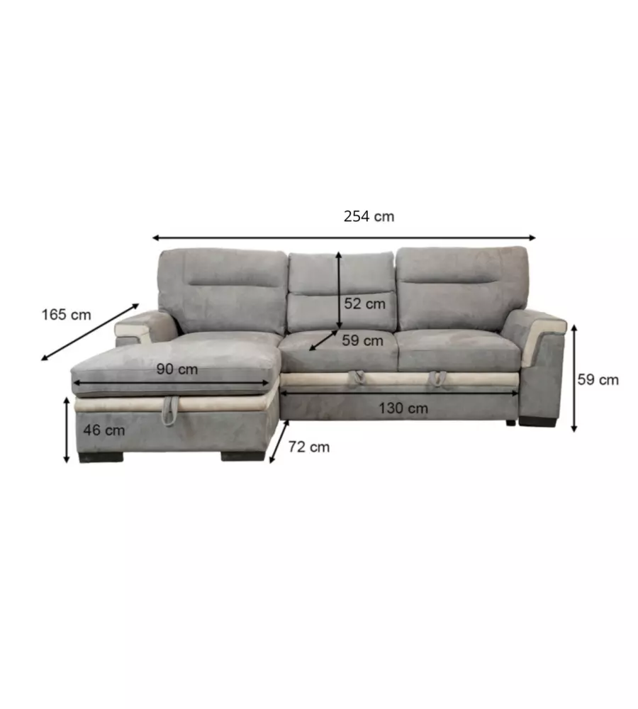 DIVANO LETTO ANGOLARE "ERIKA" IN TESSUTO GRIGIO CON PENISOLA A SINISTRA 254X92/165X102 CM