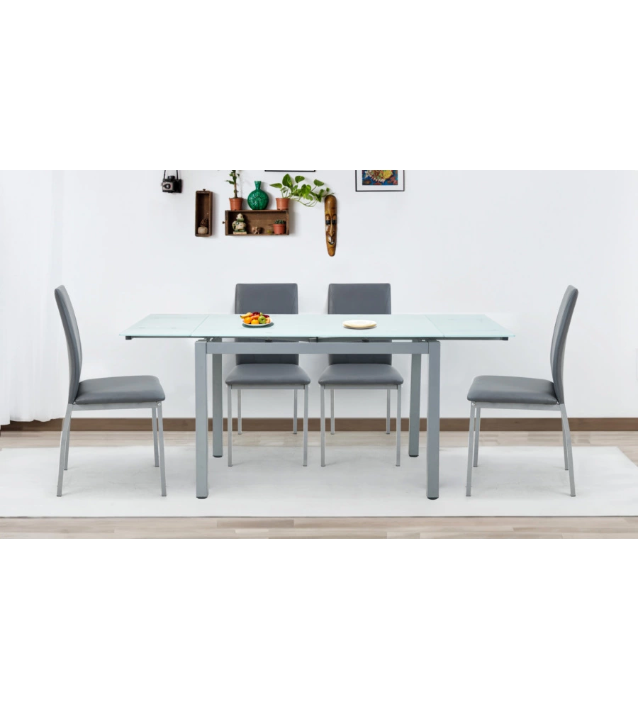 SET PRANZO BELLAHOME "MINORCA" GRIGIO CON TAVOLO ESTENSIBILE IN VETRO 4 SEDUTE