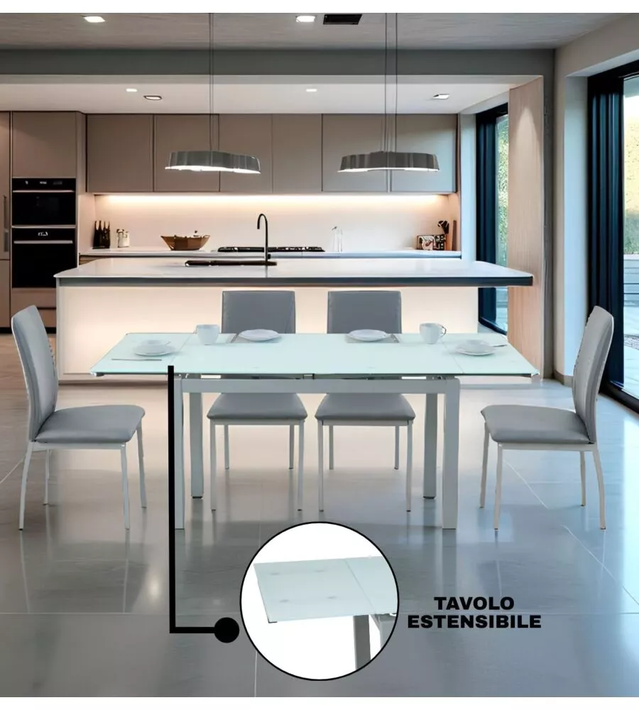 SET PRANZO BELLAHOME "MINORCA" GRIGIO CON TAVOLO ESTENSIBILE IN VETRO 4 SEDUTE