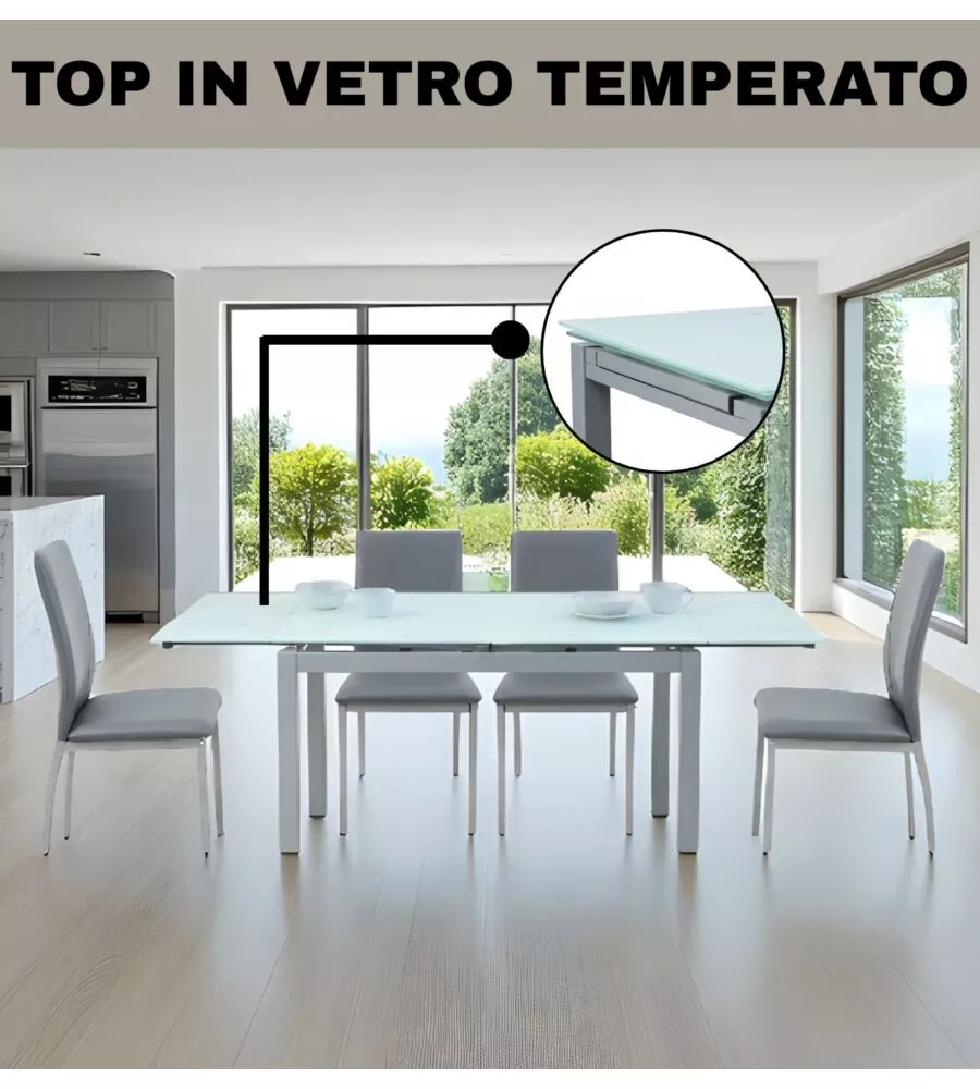 SET PRANZO BELLAHOME "MINORCA" GRIGIO CON TAVOLO ESTENSIBILE IN VETRO 4 SEDUTE