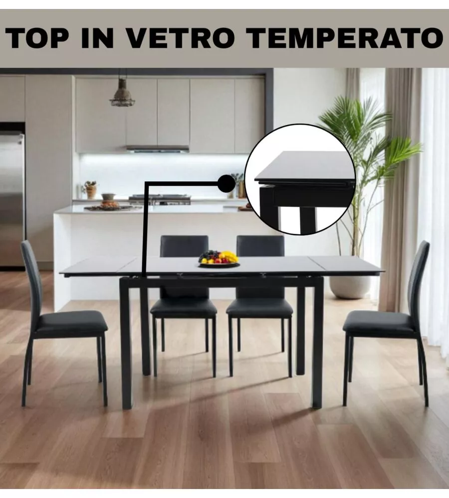 SET PRANZO BELLAHOME "MINORCA" NERO CON TAVOLO ESTENSIBILE IN VETRO 4 SEDUTE