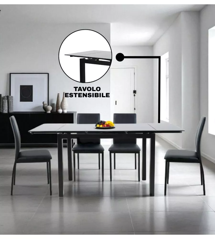 SET PRANZO BELLAHOME "MINORCA" NERO CON TAVOLO ESTENSIBILE IN VETRO 4 SEDUTE
