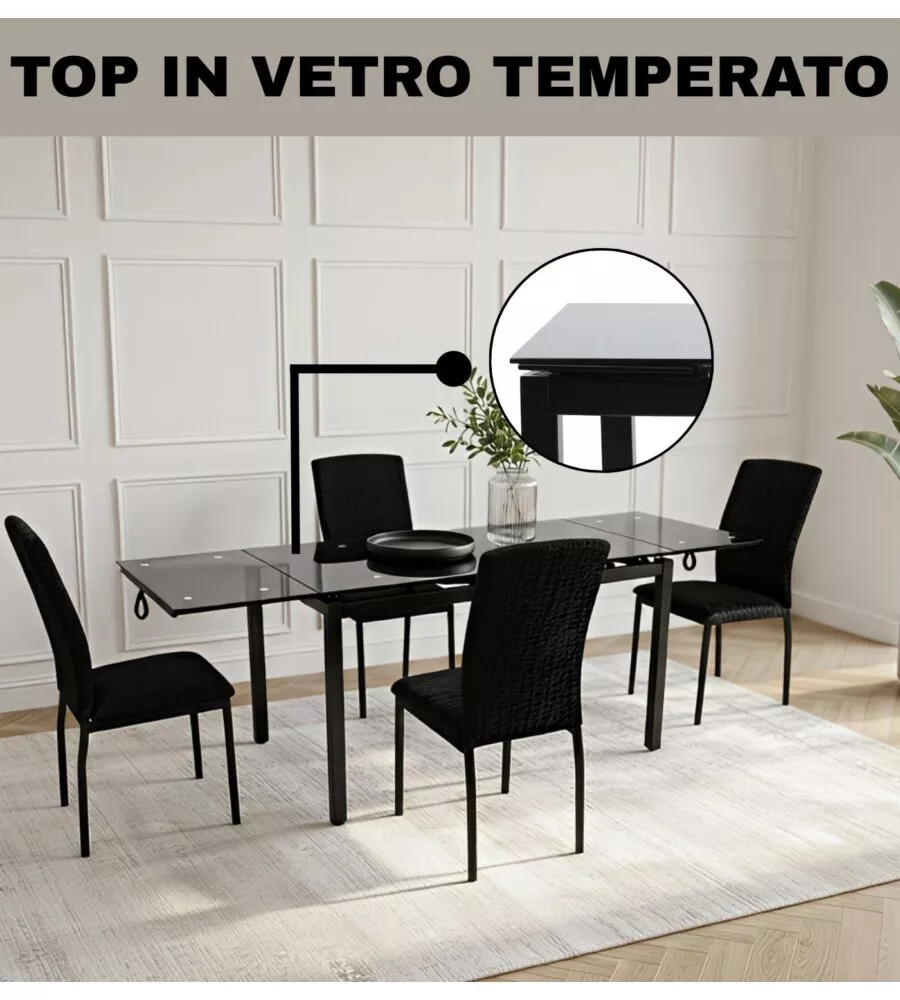 Set pranzo BellaHome "Minorca" nero con tavolo estensibile in vetro 4 sedute