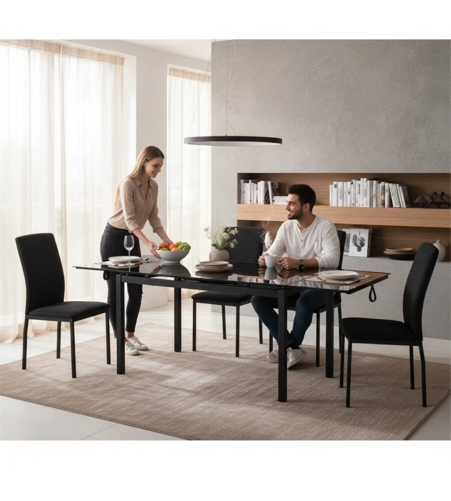 Set pranzo BellaHome "Minorca" nero con tavolo estensibile in vetro 4 sedute