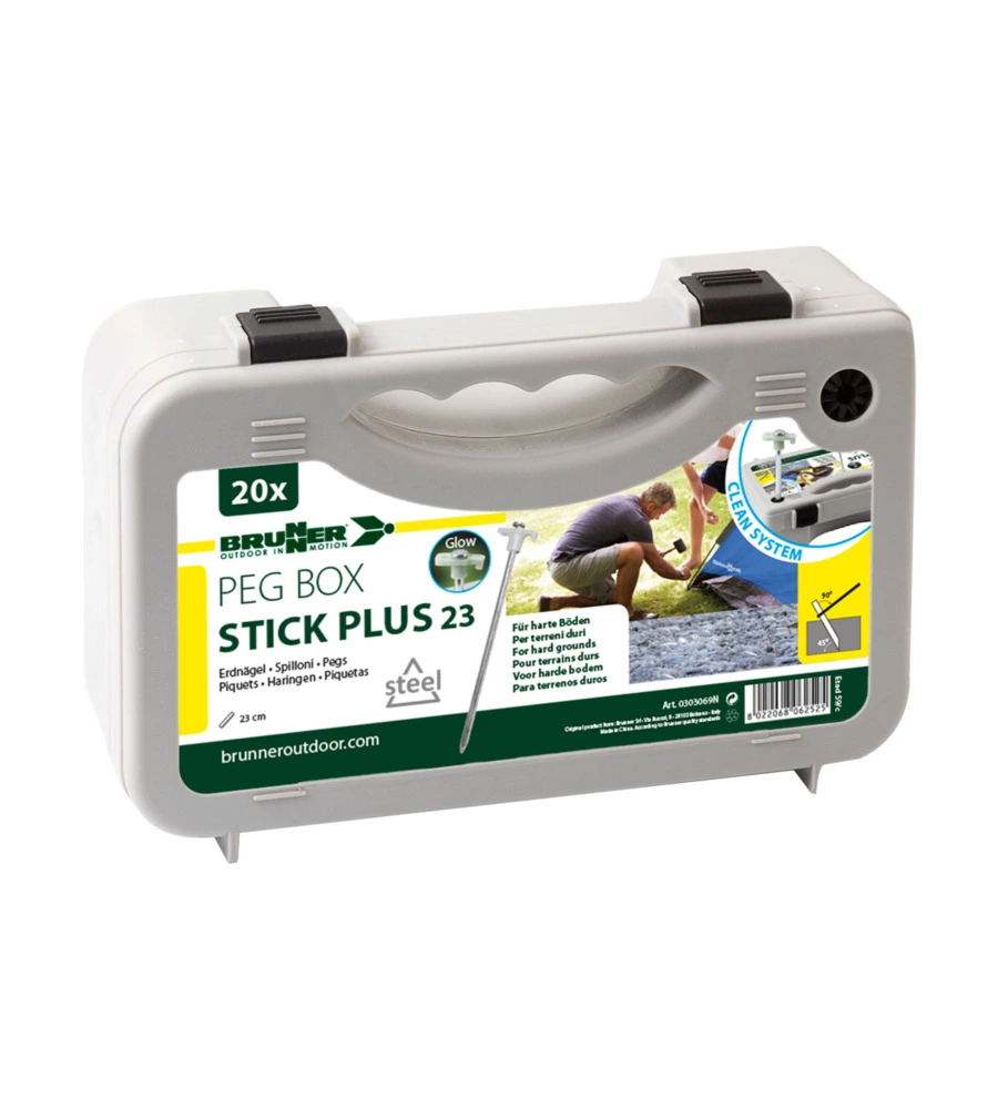 SET PICCHETTI ROTONDI PER TENDA DA CAMPEGGIO BRUNNER "PEG BOX STICK PLUS 23" IN ACCIAIO ZINCATO E GANCIO IN PLASTICA 23 CM X Ø 8 MM