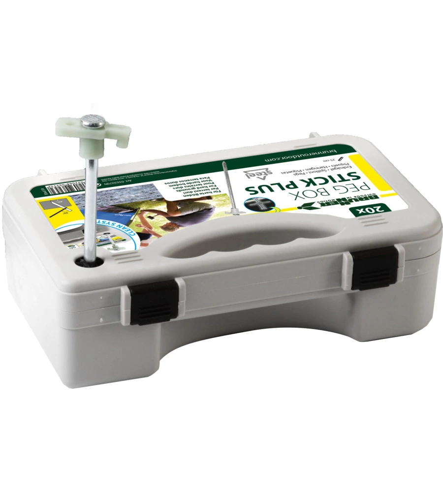 SET PICCHETTI ROTONDI PER TENDA DA CAMPEGGIO BRUNNER "PEG BOX STICK PLUS 23" IN ACCIAIO ZINCATO E GANCIO IN PLASTICA 23 CM X Ø 8 MM