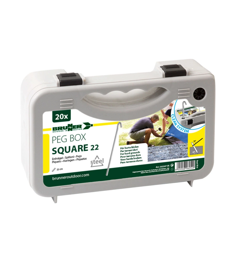 SET PICCHETTI QUADRATI PER TENDA DA CAMPEGGIO BRUNNER "PEG BOX SQUARE 22" IN ACCIAIO ZINCATO 22 CM X Ø 8 MM