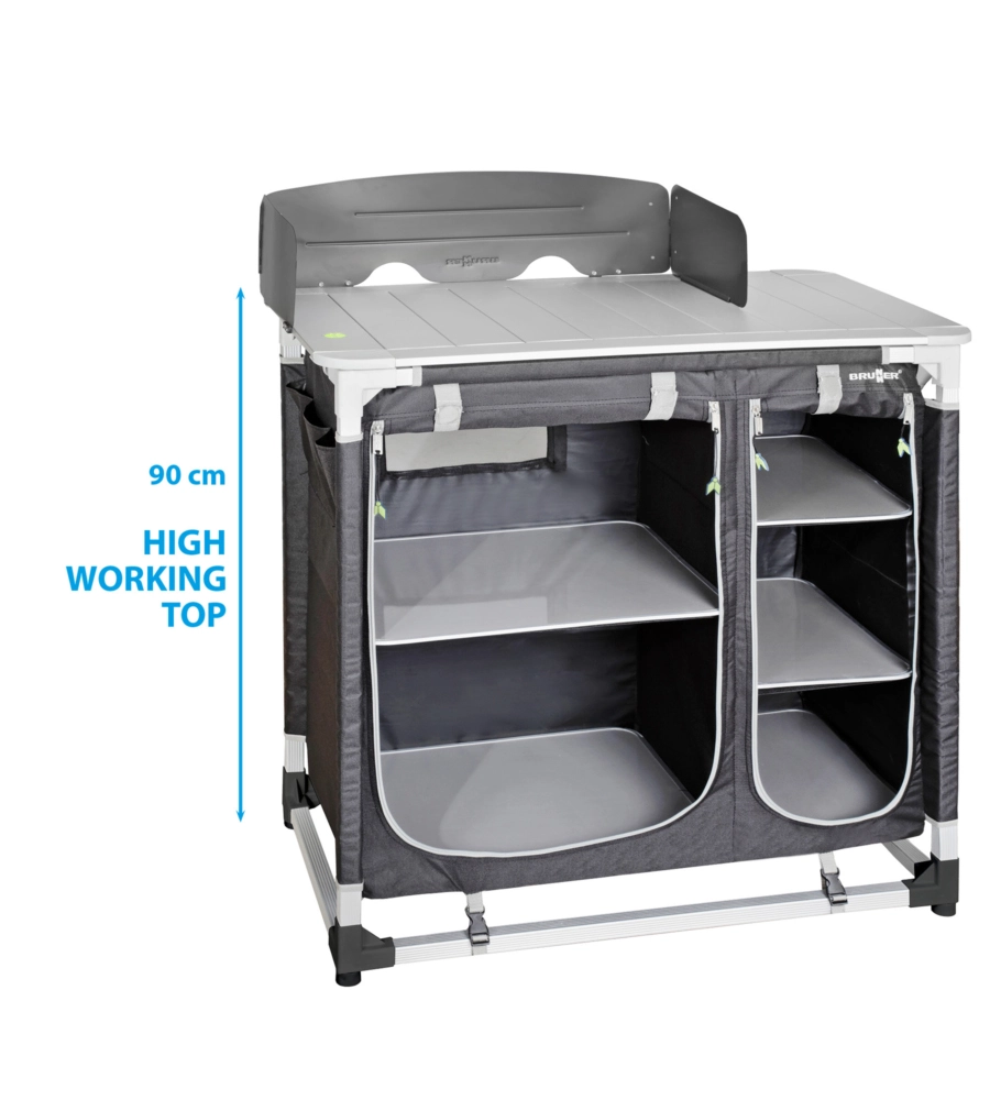 CUCINA DA CAMPEGGIO PIEGHEVOLE BRUNNER "AZABACHE CT SQUARE" IN ALLUMINIO E POLIESTERE NERO 2 SCOMPARTI 85X52X90 CM