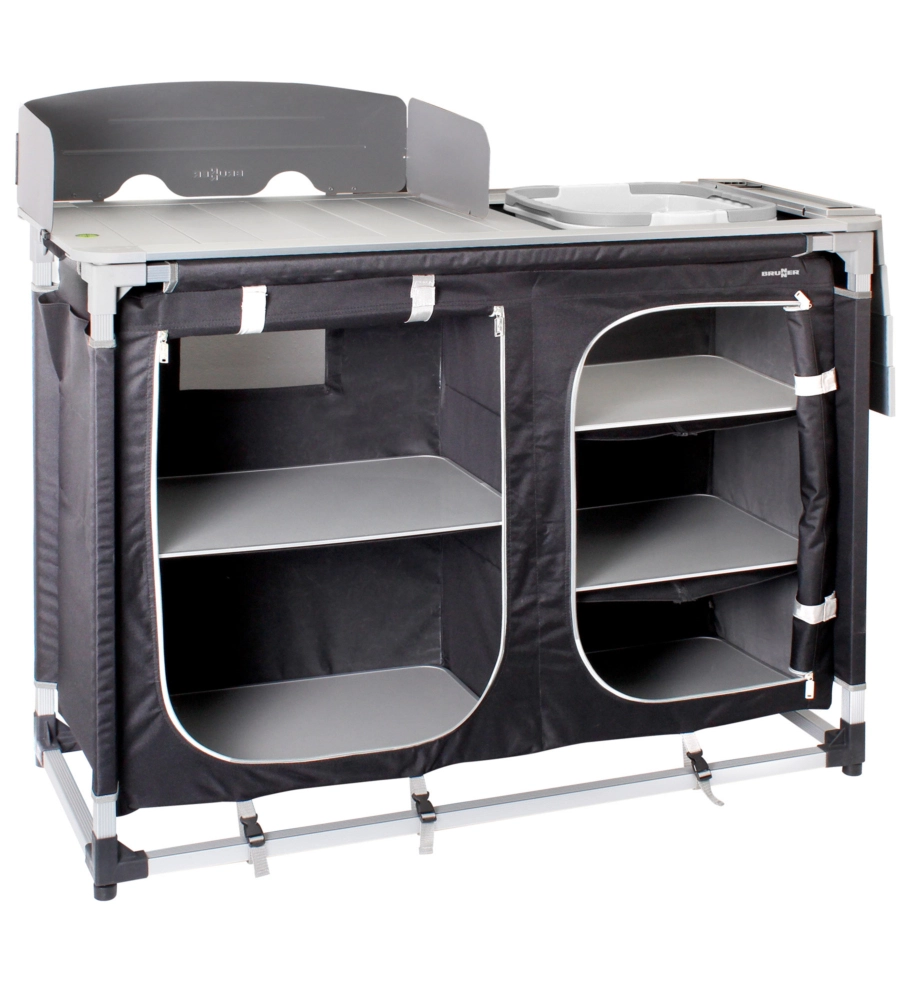CUCINA DA CAMPEGGIO PIEGHEVOLE CON LAVELLO REMOVIBILE BRUNNER "AZABACHE CTW SQUARE"IN ALLUMINIO E POLIESTERE NERO 2 SCOMPARTI 110X48X90/118 CM
