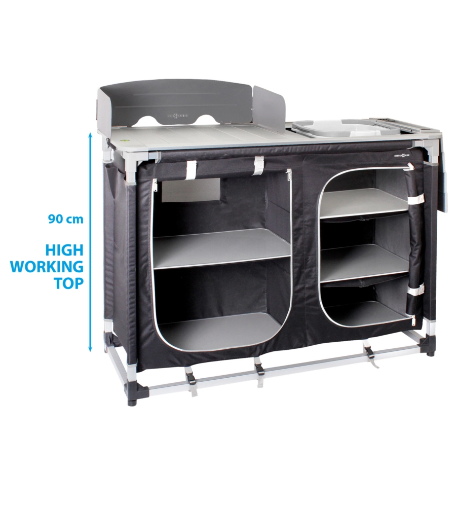 CUCINA DA CAMPEGGIO PIEGHEVOLE CON LAVELLO REMOVIBILE BRUNNER "AZABACHE CTW SQUARE"IN ALLUMINIO E POLIESTERE NERO 2 SCOMPARTI 110X48X90/118 CM
