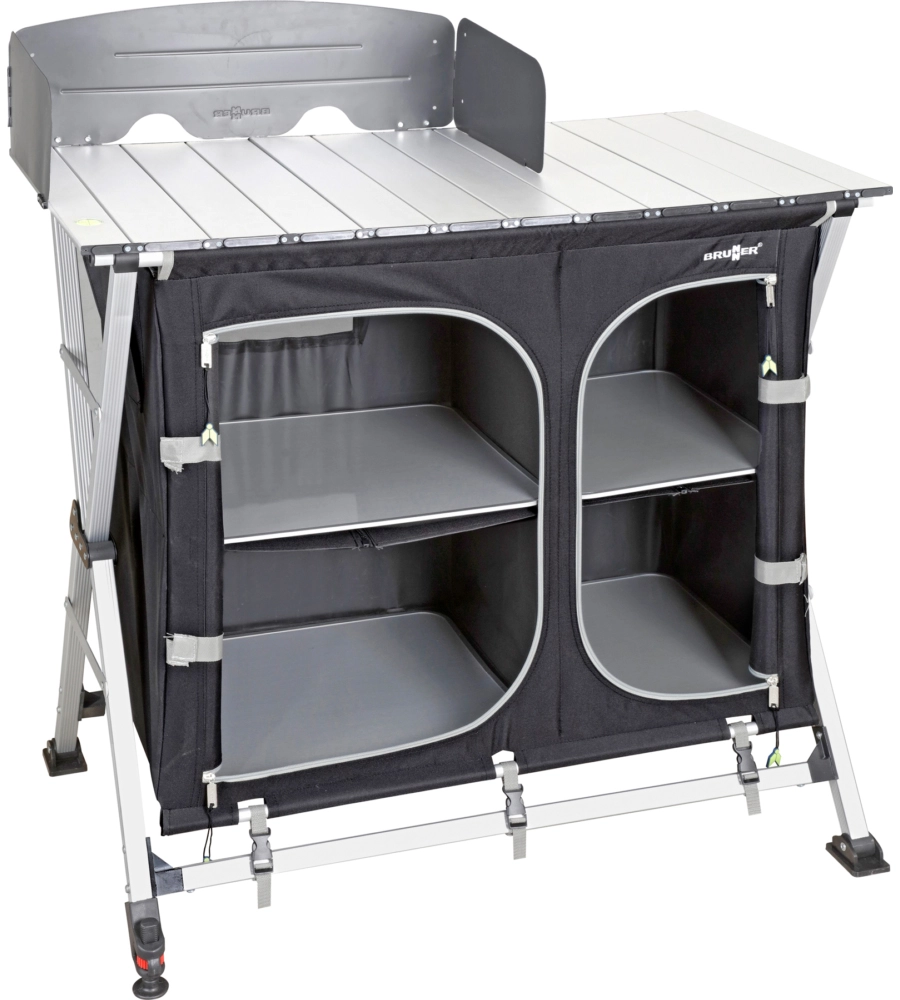 CUCINA DA CAMPEGGIO PIEGHEVOLE BRUNNER "AZABACHE CT CROSS SQUARE" IN ALLUMINIO E POLIESTERE NERO 2 SCOMPARTI 99X51X90/115 CM