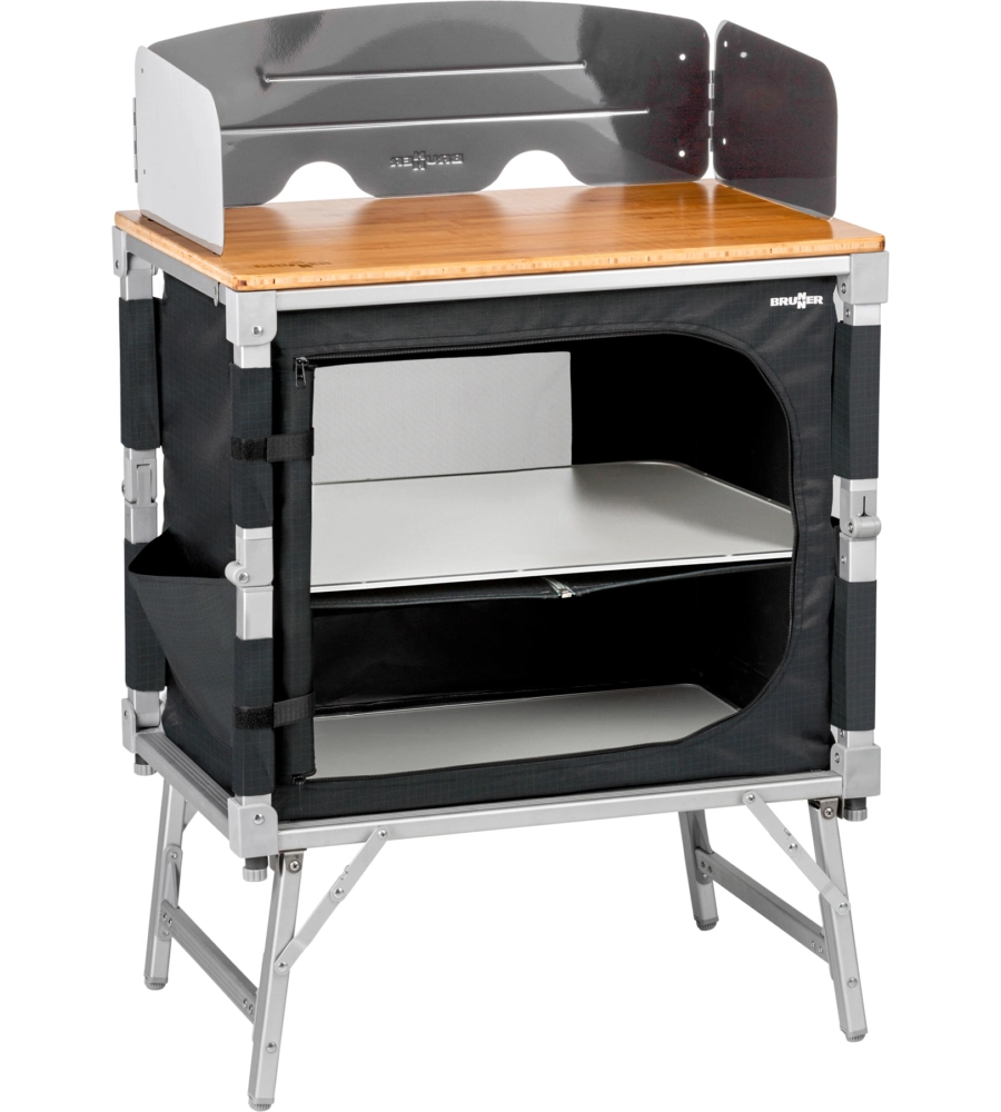 CUCINA DA CAMPEGGIO PIEGHEVOLE BRUNNER "AZABACHE CUBE" IN ALLUMINIO E POLIESETERE GRIGIO 1 SCOMPARTO 65X45X58/81 CM