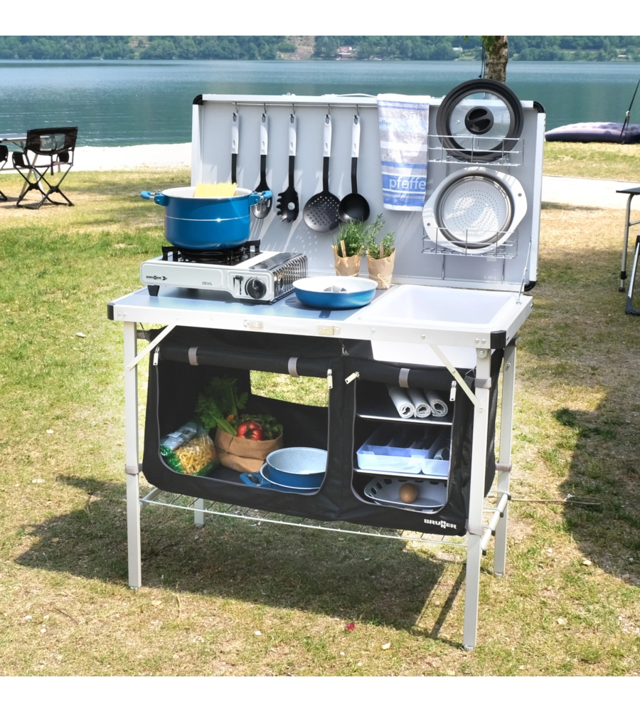 CUCINA DA CAMPEGGIO PIEGHEVOLE CON LAVELLO BRUNNER "DRIVE IN BLACK" IN ACCIAIO E POLIESTERE NERO 2 SCOMPARTI 100X50X78/128,5 CM
