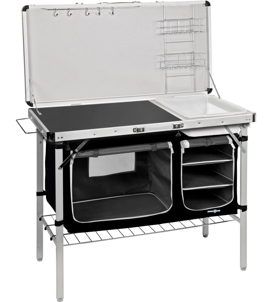 CUCINA DA CAMPEGGIO PIEGHEVOLE CON LAVELLO BRUNNER "DRIVE IN BLACK" IN ACCIAIO E POLIESTERE NERO 2 SCOMPARTI 100X50X78/128,5 CM