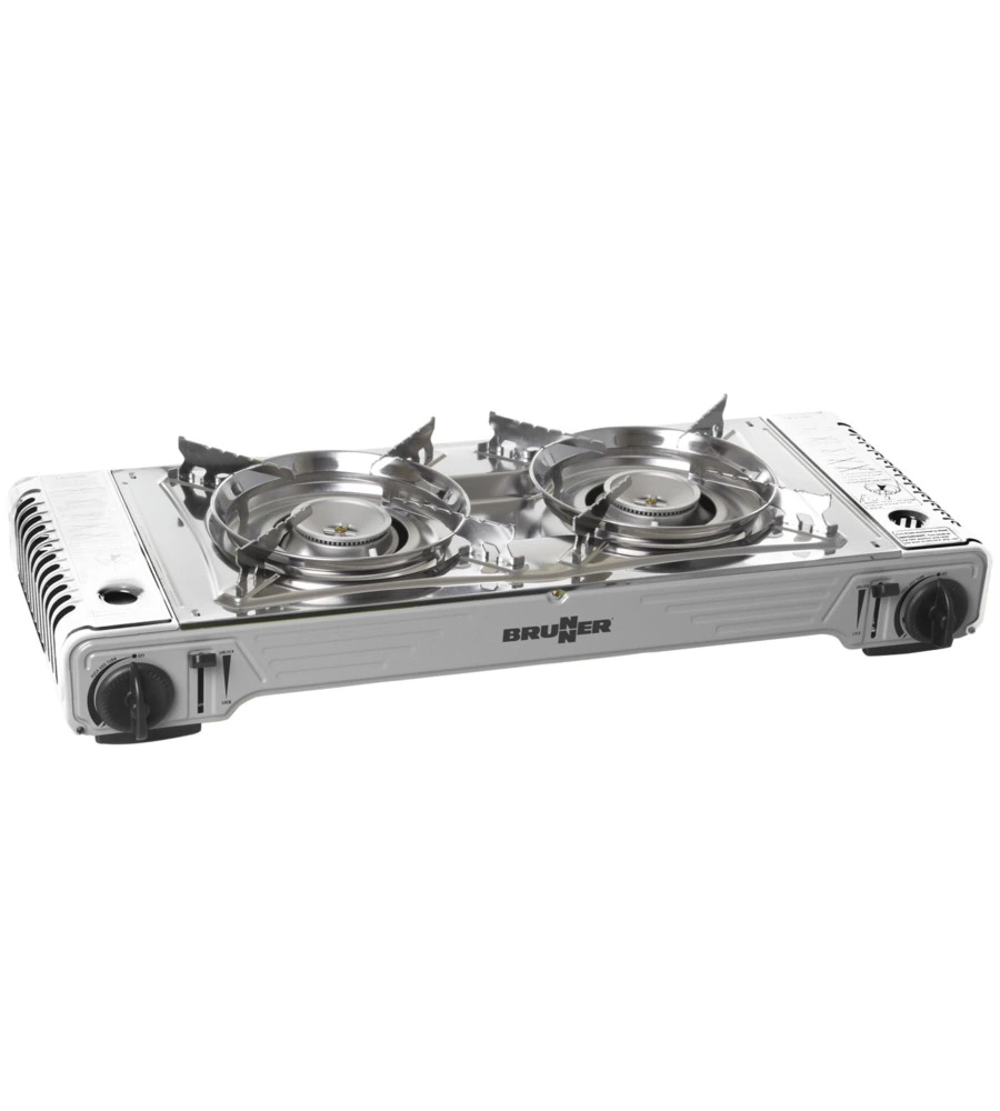 FORNELLO DA CAMPEGGIO A GAS BRUNNER "DEVIL DOUBLE GRILL" IN ALLUMINIO 2 FUOCHI E PIASTRA GRILL 67,9X28,6X12,5 CM