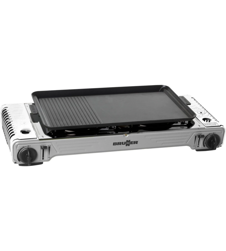 FORNELLO DA CAMPEGGIO A GAS BRUNNER "DEVIL DOUBLE GRILL" IN ALLUMINIO 2 FUOCHI E PIASTRA GRILL 67,9X28,6X12,5 CM