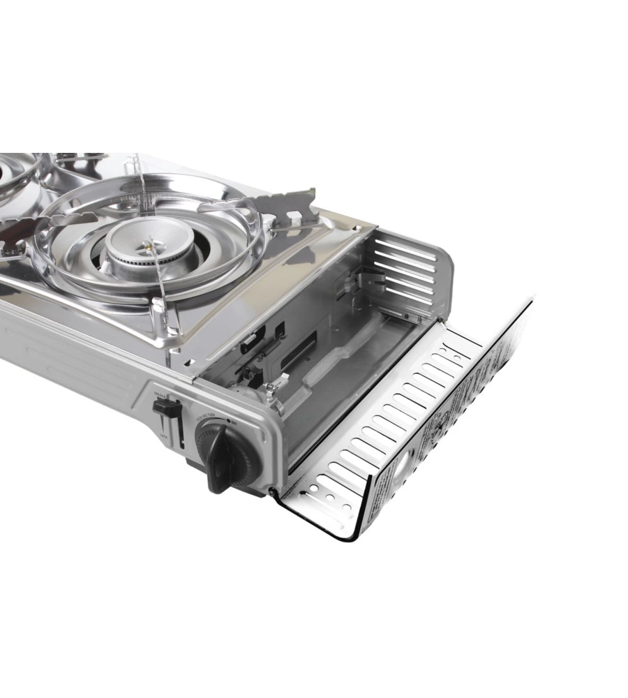 FORNELLO DA CAMPEGGIO A GAS BRUNNER "DEVIL DOUBLE GRILL" IN ALLUMINIO 2 FUOCHI E PIASTRA GRILL 67,9X28,6X12,5 CM