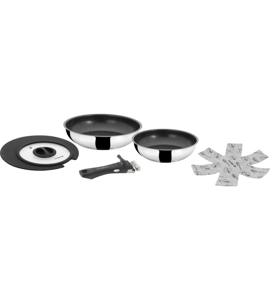 SET 2 PADELLE DA CAMPEGGIO BRUNNER "ACADEMY DOUBLE PAN Ø 22/20" CON COPERCHIO E MANICO STACCABILE