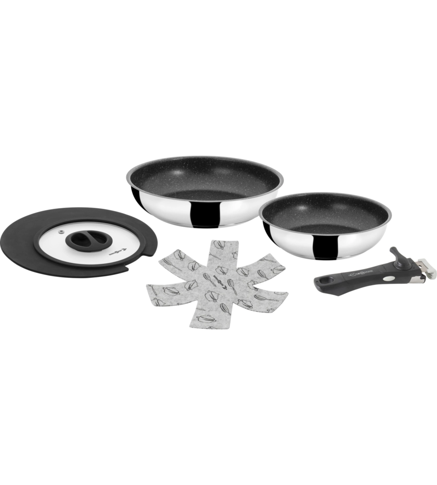 SET 2 PADELLE DA CAMPEGGIO BRUNNER "ACADEMY DOUBLE PAN Ø 22/20" CON COPERCHIO E MANICO STACCABILE