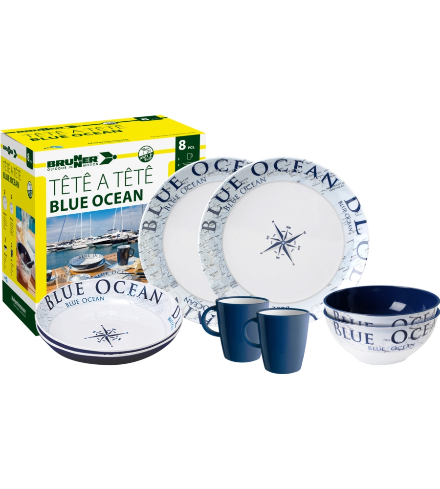 SET 8 STOVIGLIE DA CAMPEGGIO BRUNNER "BLUE OCEAN" IN MELAMINA ANTISCIVOLO
